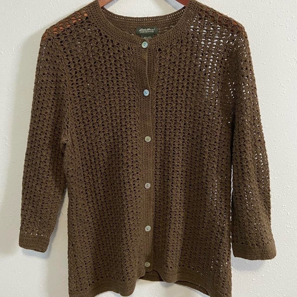 Vintage Eddie Bauer Hand Crocheted Linen Cotton Blend Cardigan - Picture 3 of 7